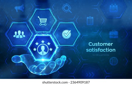 Customer satisfaction icon in wireframe hand. Customer survey and feedback analytics concept on virtual screen. Using AI automation technology in marketing for customer service. Vector illustration.