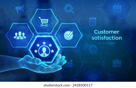 Customer satisfaction icon in wireframe hand. Customer survey and feedback analytics concept on virtual screen. Using AI automation technology in marketing for customer service. Vector illustration.