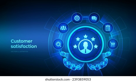 Customer satisfaction icon in wireframe hands. Customer survey, feedback analytics concept on virutal screen. Using AI and automation technology in marketing for customer service. Vector illustration.