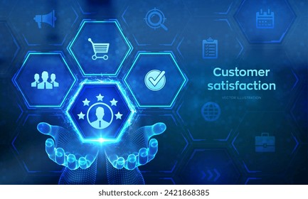 Customer satisfaction icon in wireframe hands. Customer survey and feedback analytics concept on virtual screen. Using AI automation technology in marketing for customer service. Vector illustration.