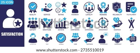 Customer Satisfaction Icons Set. rating, approval, confidence, reward, experience, reliability, fulfillment, happiness, teamwork, and customer care. flat vector icon