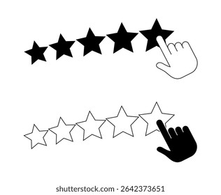 Customer satisfaction icons. Set of user feedback icons. Five stars. Rating icon. Customer response sign. The hand points to the stars. Vector illustrations EPS10