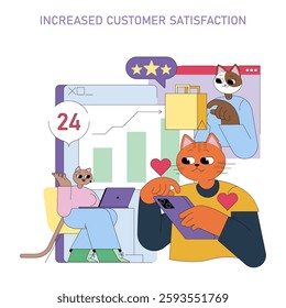 Customer satisfaction increases through enhanced engagement and feedback. This illustration captures a lively interaction among animated characters and visual elements, showcasing elements like