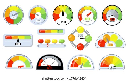 Customer satisfaction indicators with poor and good levels flat icon set. Credit score vector illustration collection. Rating and assessment concept