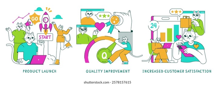 Customer satisfaction journey through product launch, quality improvement, and service enhancement. Engaging visuals highlight the commitment to excellence and positive user experiences. Vector