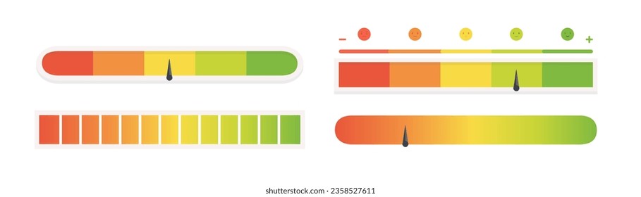 Medidor de nivel de satisfacción del cliente. Conjunto de velocímetro de color. Escala de medidores buena y mala. Colección de iconos de nivel de indicador. Ilustración del vector