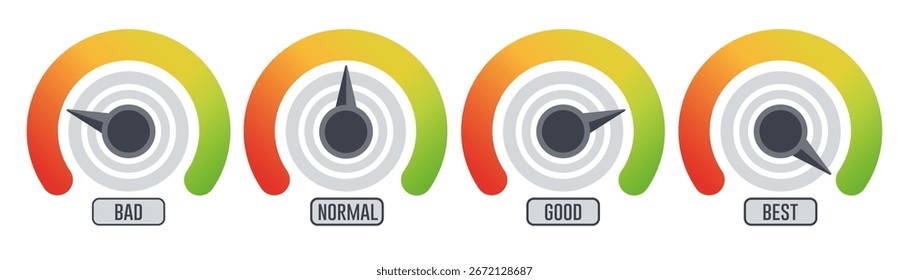 Medidor de nivel de satisfacción Cliente. Conjunto de velocímetro de color. Buena y mala escala métrica. Colección de los iconos de nivel de indicador. Vector EPS10