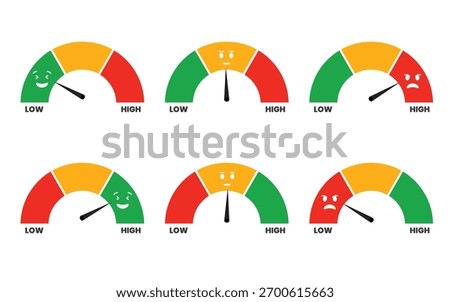 Customer Satisfaction Level Meter. Feedback and Emotion Rating Gauge Showing Happy, Neutral, and Sad Faces. Performance Evaluation Scale, Service Quality Assessment Indicator, Survey Result Dashboard,