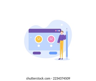 customer satisfaction levels. user feedback. Positive rating and negative rating. a male rater wants to give rating. selecting satisfaction level and leave reviews. illustration concept design. vector