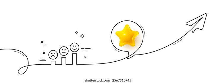 Customer satisfaction line icon. Continuous line with share plane. Positive feedback sign. Smile chart symbol. 3d star in speech bubble. Customer satisfaction single line ribbon. Vector