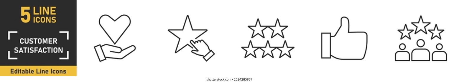 Conjunto de ícones de linha de Satisfação do Cliente. Conjunto de 5 ícones principais relacionados à experiência do cliente, satisfação do cliente, análise, feedback e muito mais. Ilustração vetorial.