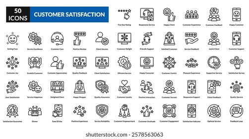 customer satisfaction line icon set collection. Happy Customer, Customer Support, Satisfaction Survey, Quality Service, Feedback Loop, Five Star Rating, Responsive Service, Customer Experience