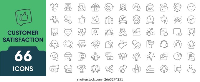 Customer satisfaction line icon set. A collection of 66 thin outline icons representing feedback, reviews, ratings, service quality, and user experience. Editable stroke. Vector illustration.