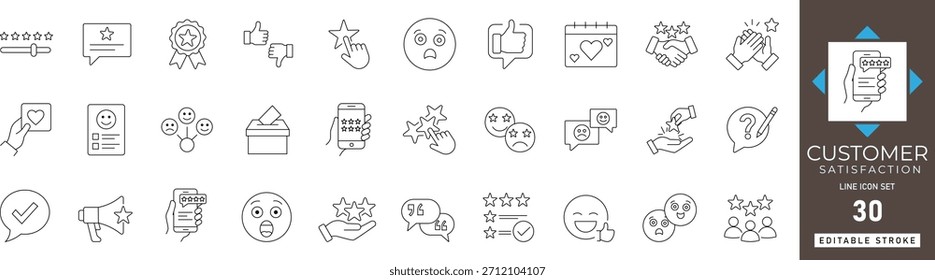 Conjunto de íconos de línea de satisfacción Cliente con calificación de Comentarios, servicio, revisión, estrella, calidad, Encuesta, opinión y Vector de experiencia del usuario