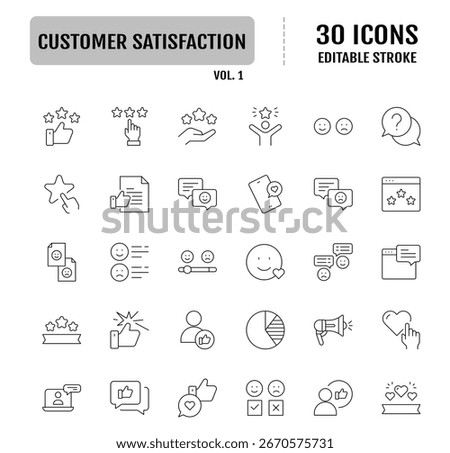 Customer satisfaction line icon set. Containing Customer Support, Satisfaction Survey, Quality Service, Feedback Loop, Five Star Rating. Editable stroke. Vector illustration