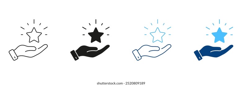 Customer Satisfaction Line and Silhouette Icon Set. Hand With Star, Good Feedback Pictogram. Best Quality Service Symbol. Positive Review Sign. Editable Stroke. Isolated Vector Illustration.