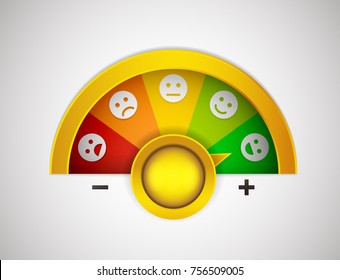 Customer satisfaction meter with button, arrow and emotions from the most negative to the most positive. Vector illustration