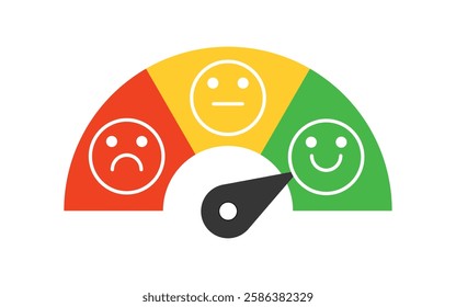 Customer Satisfaction Meter. Colorful Feedback Gauge with Happy, Neutral, and Sad Faces Indicator. Rating Scale for Review, Survey, or User Experience Evaluation on White Background.