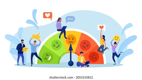 Customer Satisfaction Meter with Emotions Icons. Survey Clients, Customers Review Rating and Best Estimate of Performance. Concept of Client Feedback, Consumer Online report. User Experience