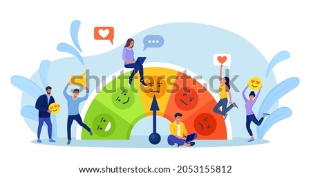 Customer Satisfaction Meter with Emotions Icons. Survey Clients, Customers Review Rating and Best Estimate of Performance. Concept of Client Feedback, Consumer Online report. User Experience