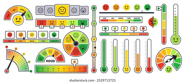 Medidor de satisfação do cliente. Escala de humor, indicadores, controles deslizantes e botões, medição de taxa de emoções, interface de aplicação de feedback, elementos infográficos para site e apresentação conjunto de vetores organizado