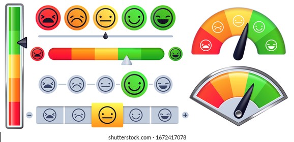 Customer Satisfaction Meter Scale. Customer Rate With Green Happy Smile And Sad Red Faces, Emotion Measurements Scales Vector Set. Illustration Customer Satisfaction Meter, Survey Emotion Smile