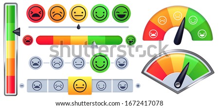 Customer satisfaction meter scale. Customer rate with green happy smile and sad red faces, emotion measurements scales vector set. Illustration customer satisfaction meter, survey emotion smile