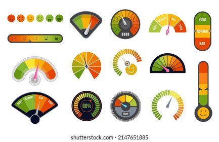 Customer satisfaction meter set. Vector quality indicator and business rating counter. Vector infographic isolated set. Ranking scales with pointers from good to poor, positive and negative rate