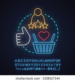 Customer satisfaction neon light concept icon. Positive feedback idea. Ranking, rating. Glowing sign with alphabet, numbers and symbols. Vector isolated illustration