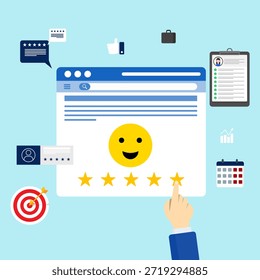 Satisfacción del Cliente y concepto de calificación en línea que muestra revisión de cinco estrellas, Comentarios feliz, evaluación de la experiencia del usuario y métricas de rendimiento en la interfaz de Web digital