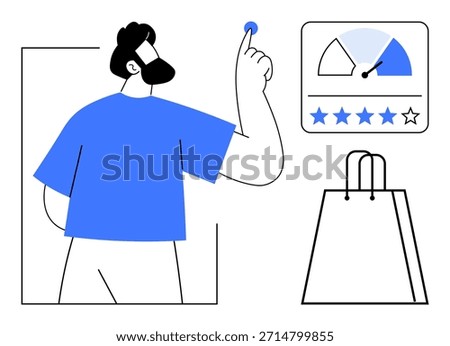 Customer satisfaction, online shopping, consumer reviews, user ratings, e-commerce, feedback system. Person pointing at a rating scale with a shopping bag and star review. Customer satisfaction
