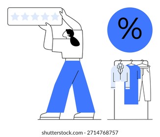 Satisfacción del Cliente, compras en línea, ventas de comercio electrónico, ofertas de descuento, marketing minorista, comportamiento del consumidor. Mujer que sostiene un tablero de calificación, estante de ropa de signo porcentual. Satisfacción del Cliente