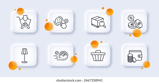 Customer satisfaction, Payment method and Shopping line icons pack. 3d glass buttons with blurred circles. Search package, Floor lamp, Shop cart web icon. Vector