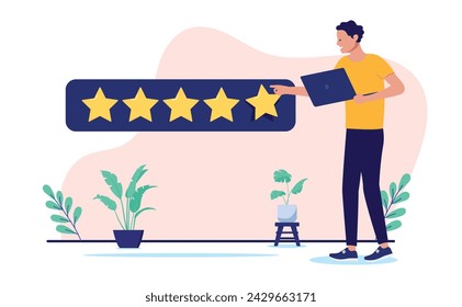 Customer satisfaction - Person with computer giving positive review and feedback with five star rating, feeling satisfied over digital service. Full score concept in flat design vector illustration