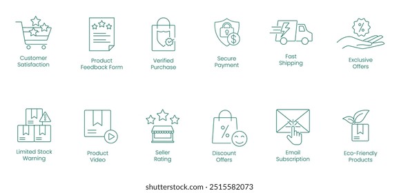 Customer Satisfaction, Product Feedback Program, Verified Purchase, Secure Payment, Fast Shipping, Exclusive Offers, Limited Stock Warning, Product Video, Seller Rating vector icon set