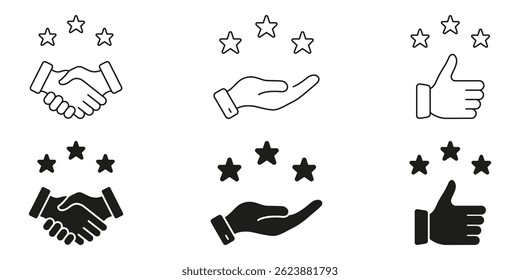 Customer Satisfaction, Quality Assurance, And Positive Feedback Line And Solid Icon Set. Handshake, Hand, Thumbs Up With Stars Symbol Collection. Service Excellence. Isolated Vector Illustration.