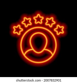 Satisfacción del cliente, tasa de servicio, experiencia del cliente, icono comercial. Estilo neón naranja sobre fondo negro. Icono lineal claro con trazo editable