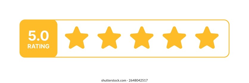 Customer satisfaction rating bar vector with five yellow stars, flat icon for reviews, scoring interface design, product evaluation, user feedback visual on transparent background digital platforms
