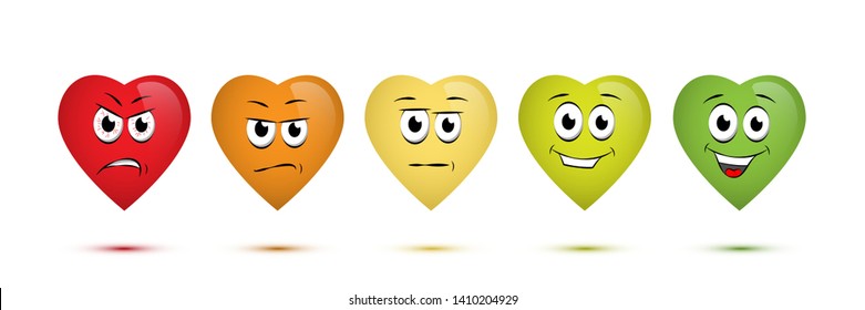 Customer satisfaction rating concept illustration. Negative to positive emotions scale. Funny facial expressions. Heart-shaped emoji of anger, irritation, surprise, joy, happiness isolated characters