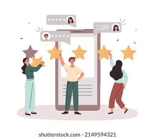 Customer Satisfaction Rating concept. Young men and women stand at large smartphone and give five stars. Users leave positive comments, reviews or feedback. Cartoon modern flat vector illustration