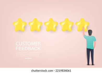 Customer satisfaction rating, customer review, rating feedback concepts. Five stars review with good and bad rates. Customer Effort Score, Review, and recommendations. 3D Vector Illustration.