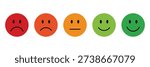 Customer satisfaction rating scale with emoji faces, feedback meter from happy to unhappy emotions for user experience, survey results, and service evaluation design.