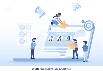 Customer satisfaction, reaction, feedback, comment to improve and increase customer loyalty. Rating and feedback review for positive improvement. Flat vector design illustration.