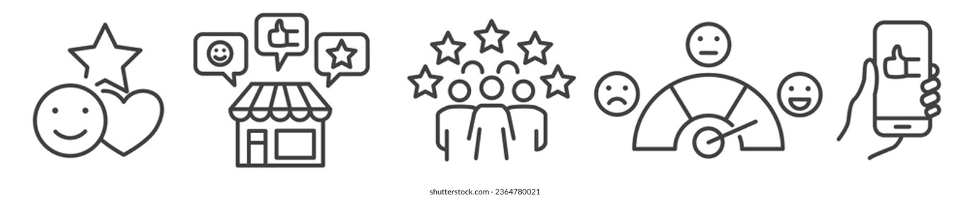 satisfacción, recomendación y revisión del cliente - colección de iconos de línea delgada sobre fondo blanco - ilustración vectorial