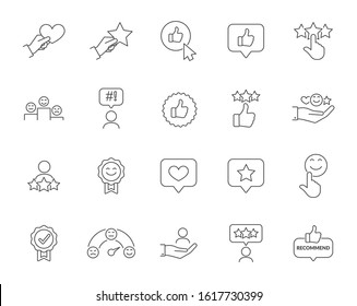 Customer Satisfaction Related Vector Line Icons Set. Contains such icons as Customer Performance, Review, User Feedback, Rating, Warranty, Smile, Heart, Star. Editable Stroke