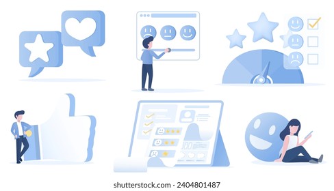Satisfacción del cliente y conjunto de recopilación de respuestas. Revisión de clientes, comentarios, programas de fidelidad, quejas, comentarios, clasificación de estrellas, cuestionario, pensamiento positivo y negativo. Ilustración vectorial plana.