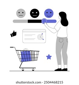 Customer satisfaction, review, feedback. Woman chooses a good smile for her reaction. Vector illustration with line people for web design.	

