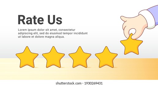 Customer Satisfaction Review Five Rating Stars Feedback Concept Design. Banner Give Rating Online Shop Taxi Booking Transportation Mobile Application Concept. Rate Us Give 5 Stars. Vector Illustration