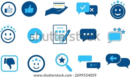 Customer satisfaction review icons set, feedback and rating symbols, like dislike thumb up comment bubble forms