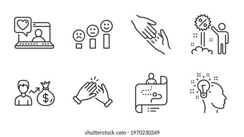 Customer satisfaction, Sallary and Journey path line icons set. Idea, Helping hand and Friends chat signs. Clapping hands, Discount symbols. Quality line icons. Customer satisfaction badge. Vector